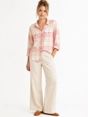 TOAD&CO Organic Cotton Plaid Button Down Shirt Pink Cream Cottagecore Coastal L